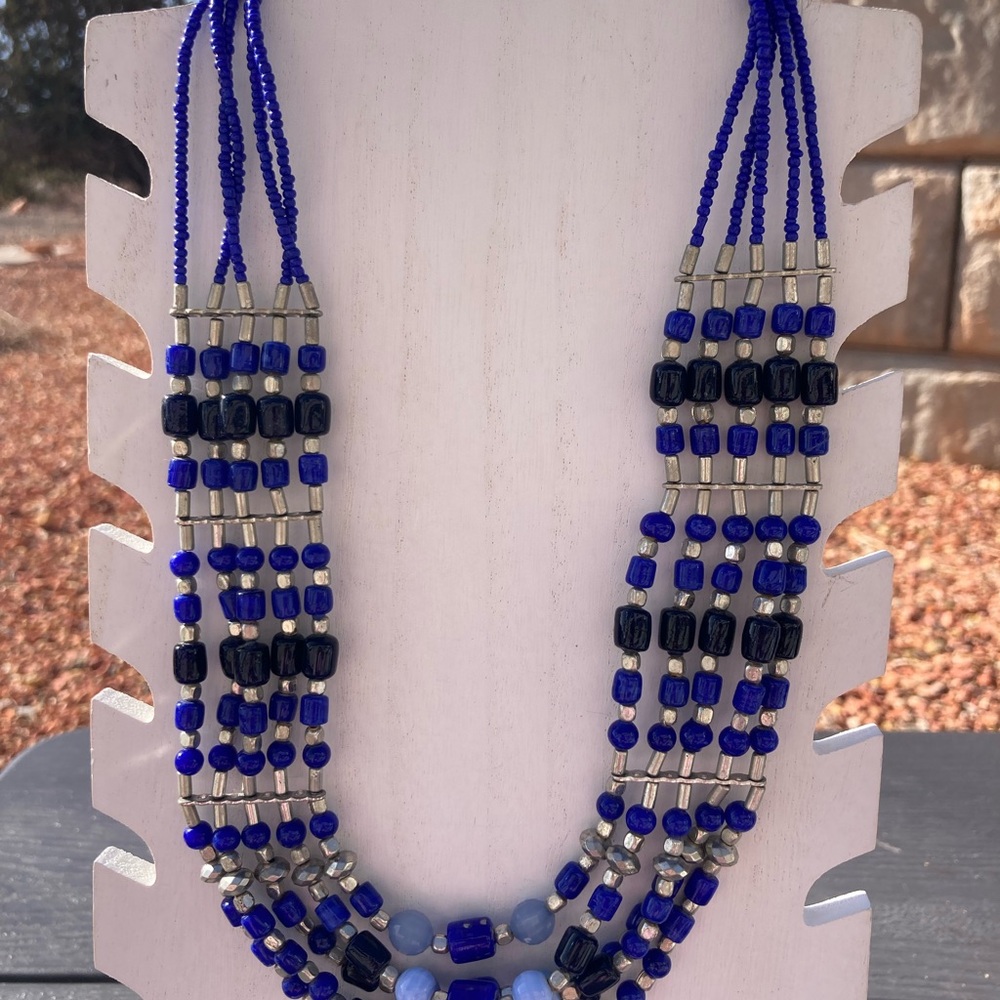 Tribal Style Necklace Blue Black Silver beads 22” - Picture 2 of 10